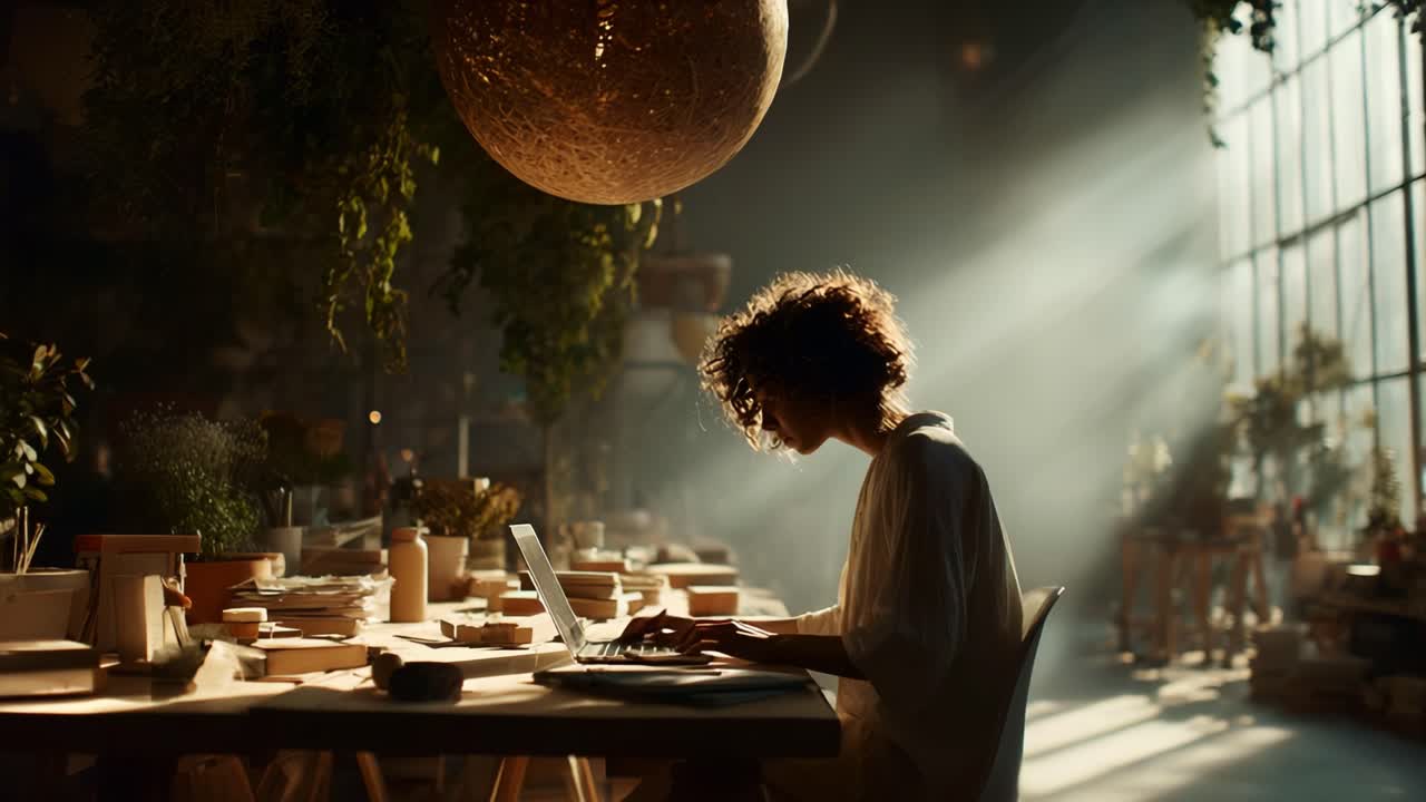 A serene moment of creativity captured in a sunlit workspace, where a focused individual engages with their laptop amidst an artful display of plants and handmade items