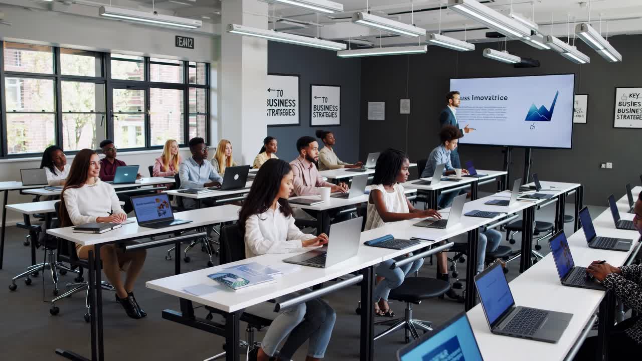 Wide-angle shot of a modern classroom with diverse adults using laptops, watching a video