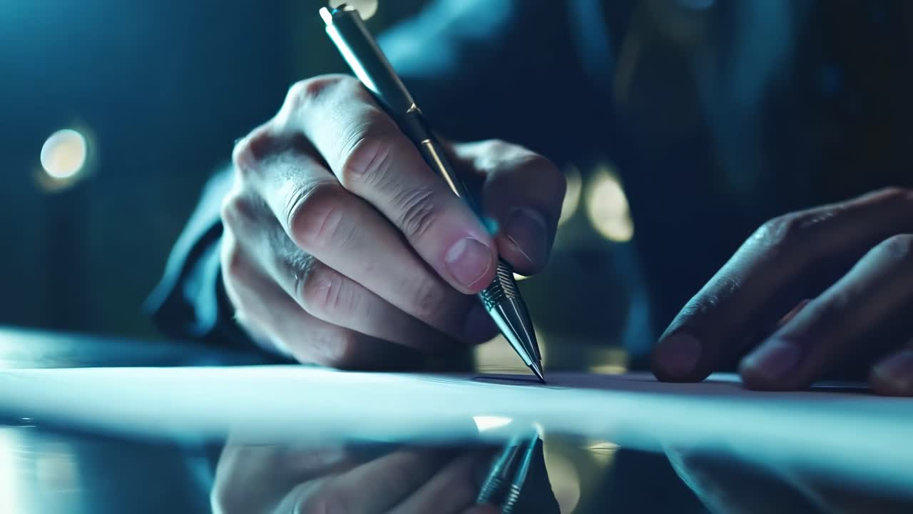 Video ravvicinato di una mano che scrive su carta con una penna, con una profondità di campo ridotta