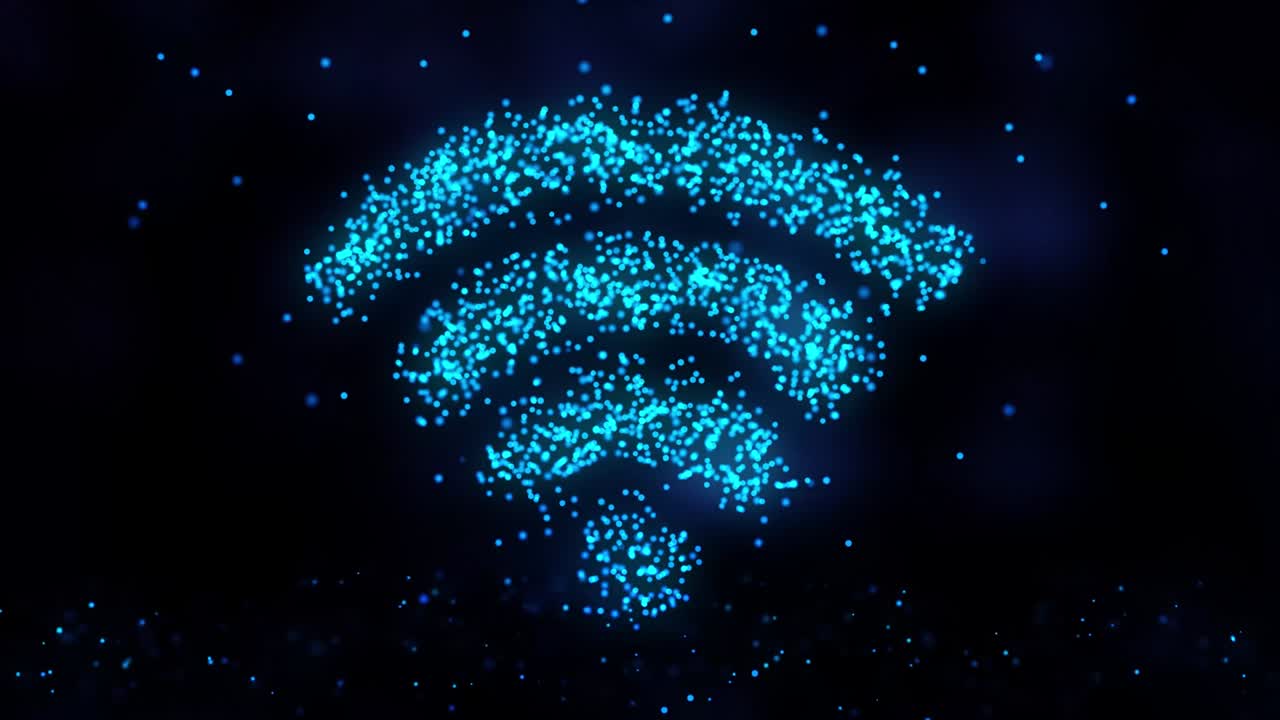 animación de partículas voladoras parpadeantes forman un signo wifi o un símbolo de internet en un fondo oscuro con un mapa de la tierra de puntos. icono wi-fi movimiento en el fondo artístico de la red. animación de bucle sin costuras