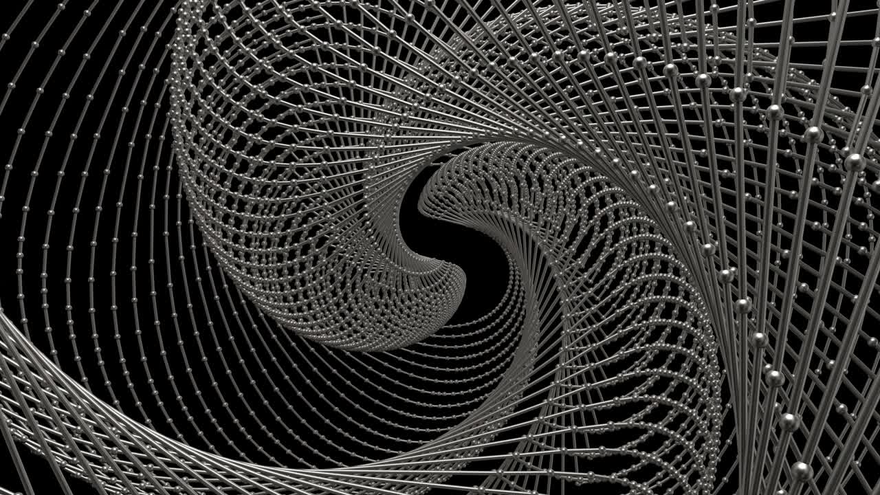 renderizado en 3d de la estructura de celosía retorcida de metal con esferas en los vértices.