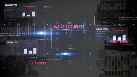 animation of graphs, texts, loading bars and computer language, modern buildings against cloudy sky