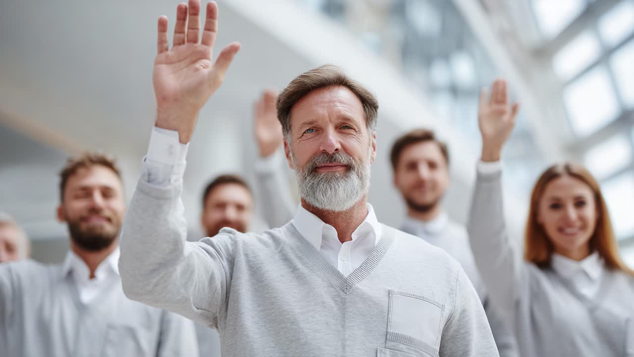 Group of Individuals Raising Hands in Greeting or Acknowledgment, Featuring a Distinguished Man with a Graying Beard and a Friendly Expression, Set in a Bright, Modern Environment