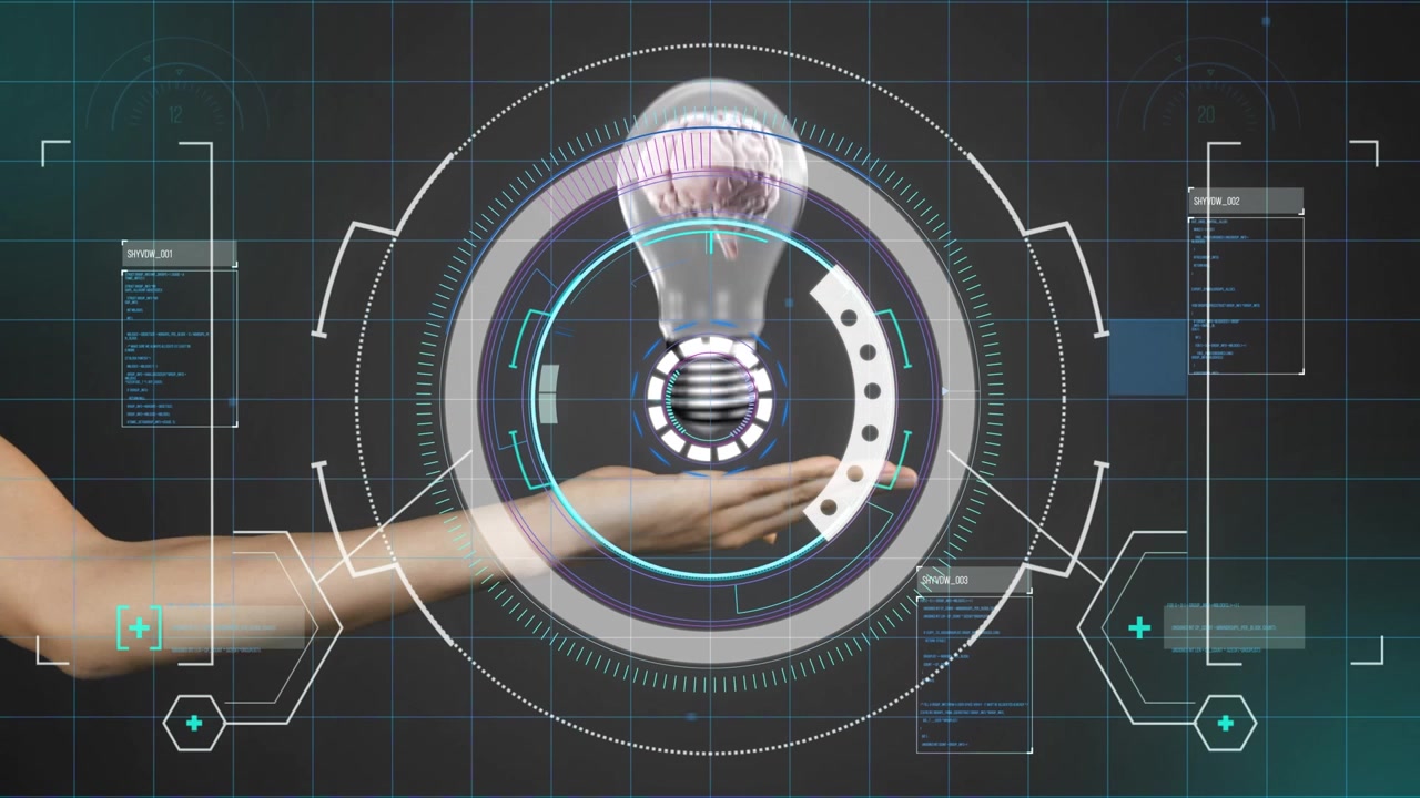 Animation of bulb over diverse data and hand of caucasian woman