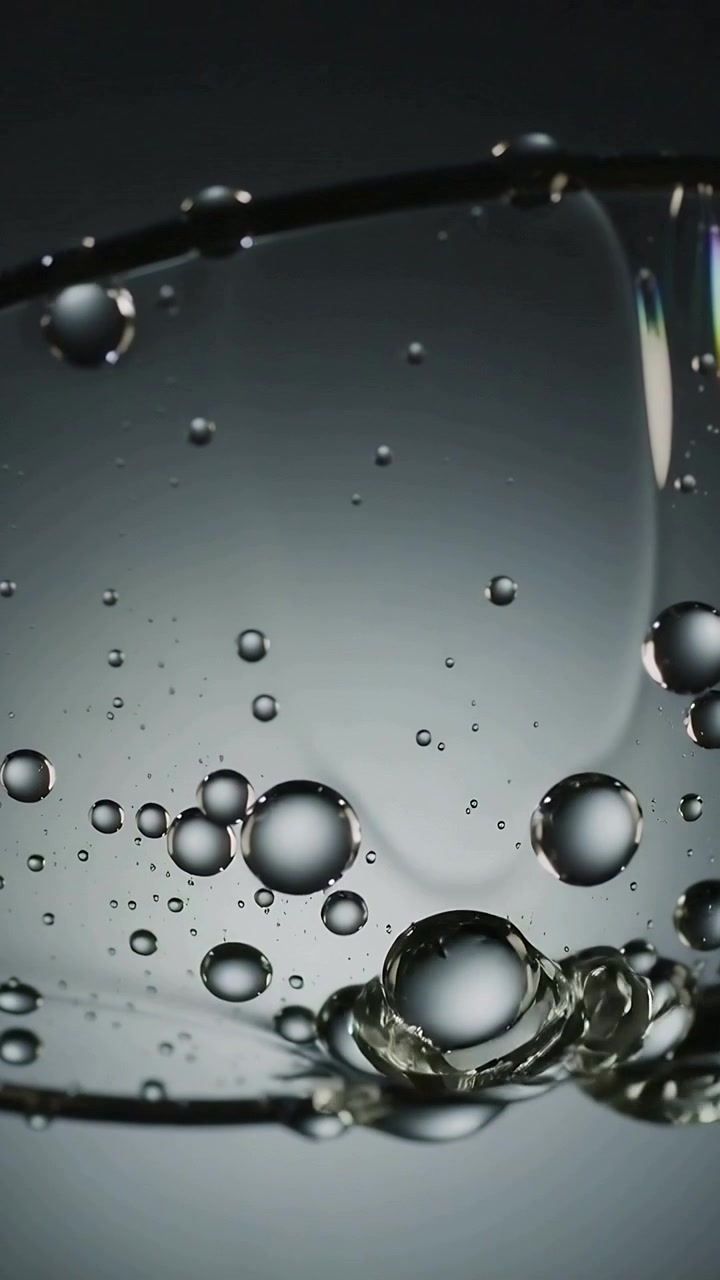 Video verticale: Grappolo di bolle in ascesa che si muove lungo il bordo di vetro in uno studio macro, unendosi per galleggiamento.