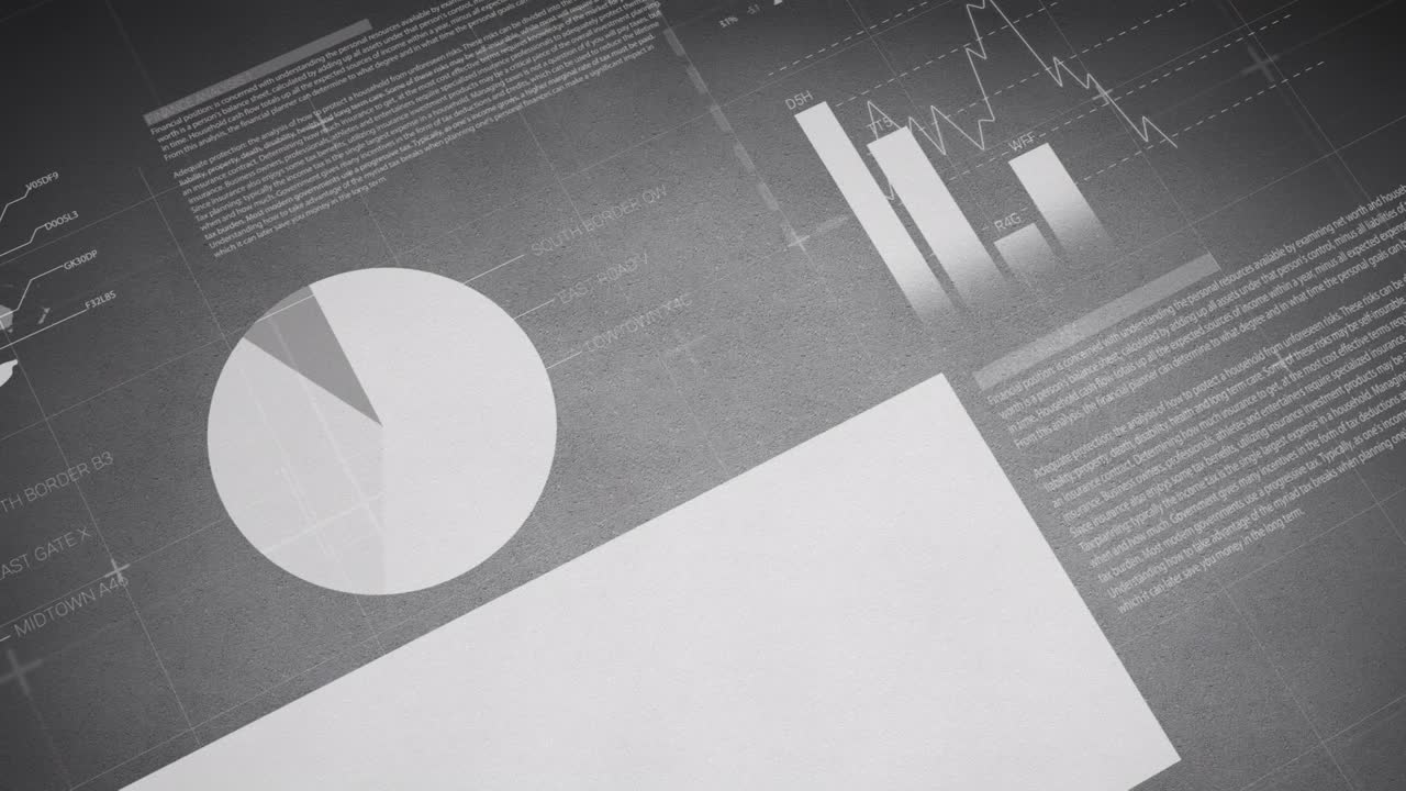 Animation of financial data, world map, bar graph, pie charts on digital interface