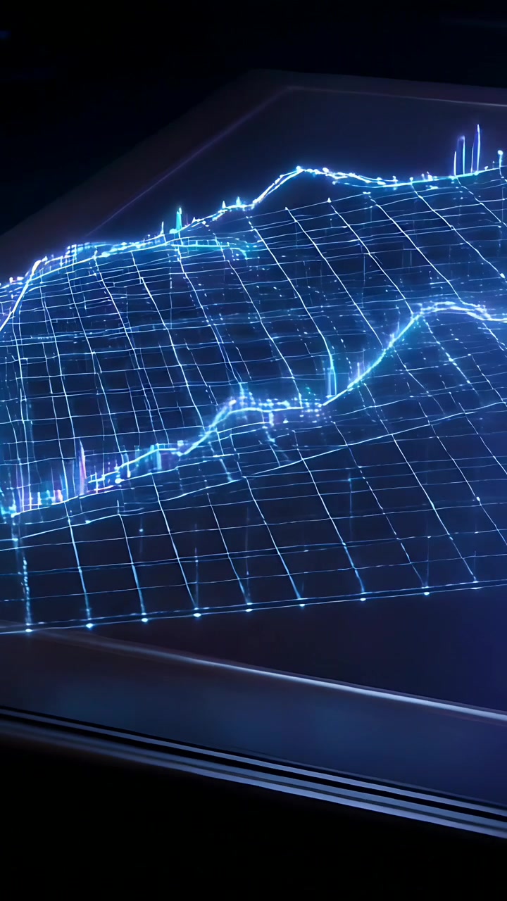 Vertical video: Appearing blue points forming hologram 3D grid on dark desk near lamp, showing data