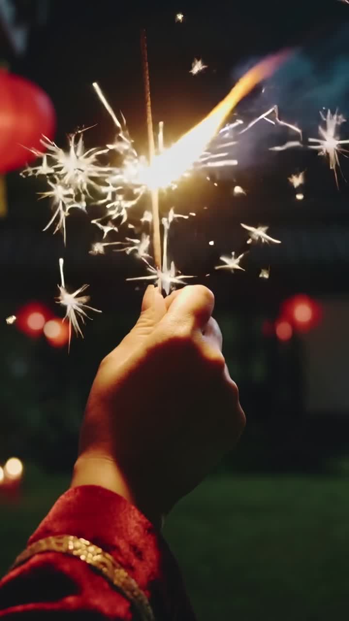 Video verticale: mano che regge una stellina scintillante accesa, con un polsino rosso ben visibile in un giardino sotto lanterne rosse, atmosfera festosa