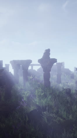 forgotten ruins in a foggy meadow