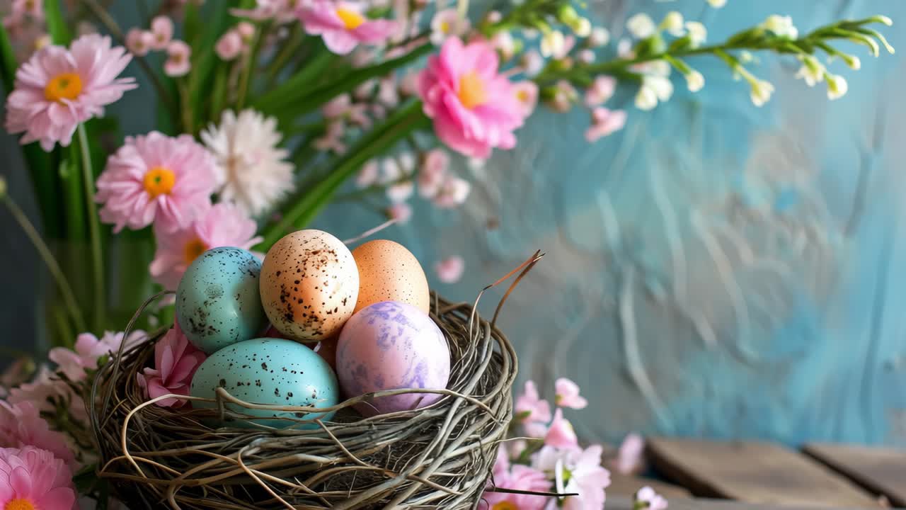 Colorful Easter eggs are nestled in a bird's nest surrounded by delicate pink flowers, creating a vibrant springtime scene against a soft blue backdrop