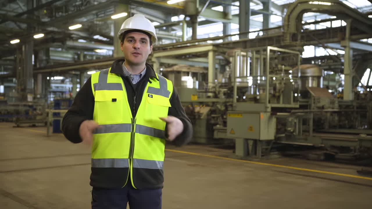 Supervisore di cantiere caucasico in fabbrica che indossa un casco bianco e un giubbotto ad alta visibilità, mentre indica