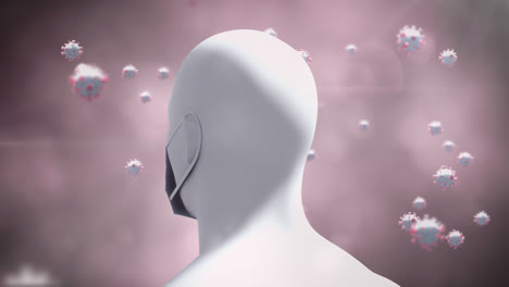 animation of covid 19 cells floating over spinning human head with face mask and flickering lights