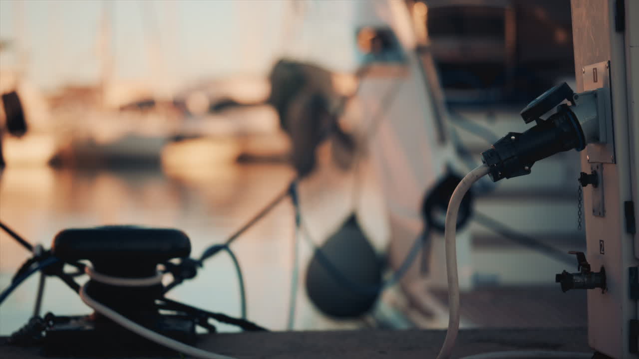 Close up of a power cable plugged into a yacht at sunset