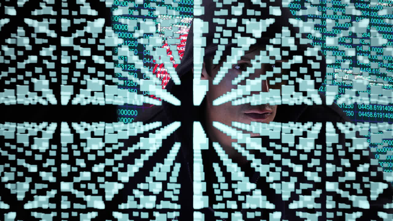 procesamiento de datos de seguridad cibernética contra un hacker masculino que usa una computadora portátil