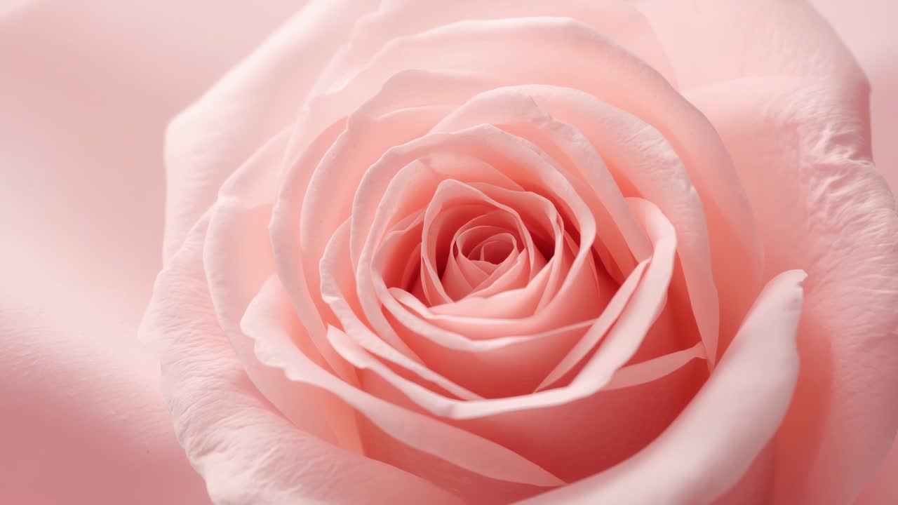 Ripresa ravvicinata con videocamera da studio che rivela la fioritura di una rosa rosa pallido con bokeh delicato, evidenziando il centro a spirale