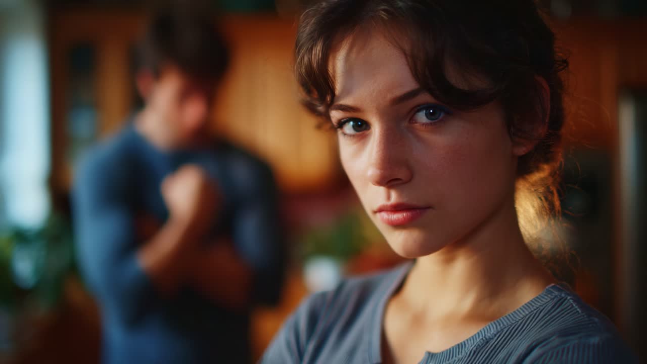 Emotional Tension in a Domestic Setting: Focused Woman and a Man with Uncertainty in the Background, Capturing Intense Feelings in a Moment of Reflection