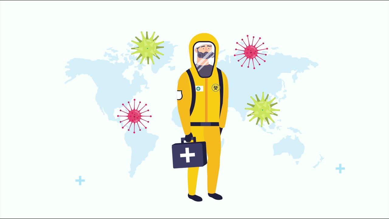 바이오 해저드 슈트와 코로나19 입자를 입은 의사