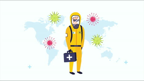 doctor with biohazard suit and covid19 particles