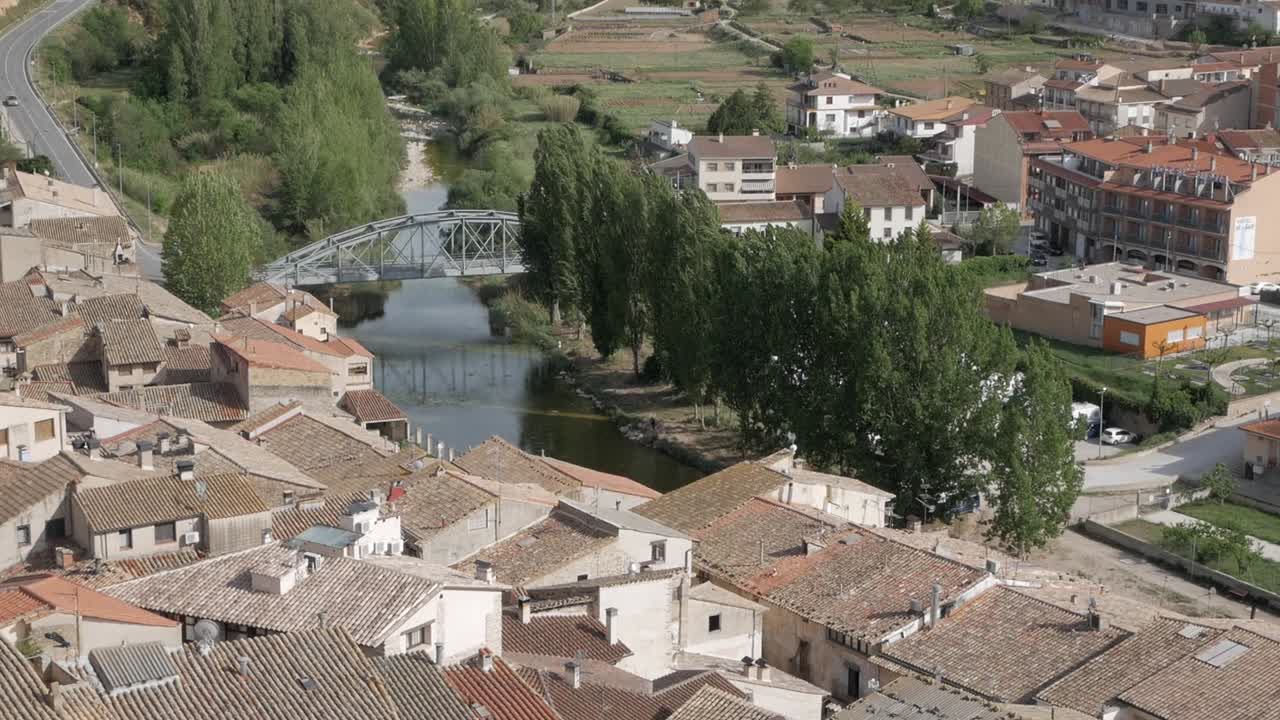 Historic town view with river and bridge, Valderrobres, Teruel, Aragon, Spain