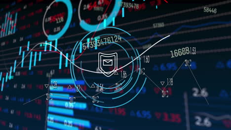 animation of financial data processing with shield and mail icons over grid