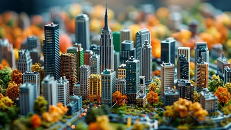 miniature cityscape showcasing iconic skyscrapers and vibrant autumn colors