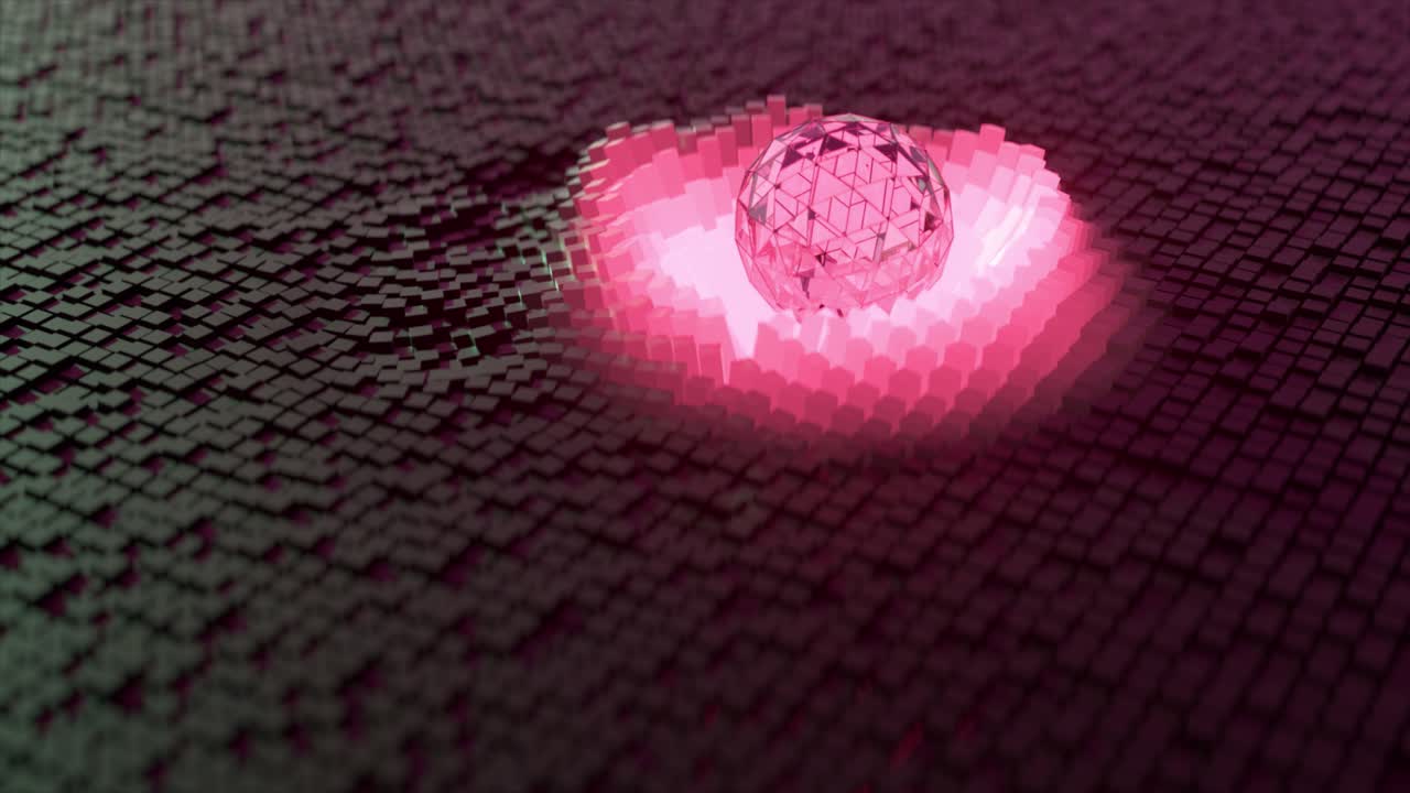 esfera de cristal geométrica abstracta en un fondo pixelado