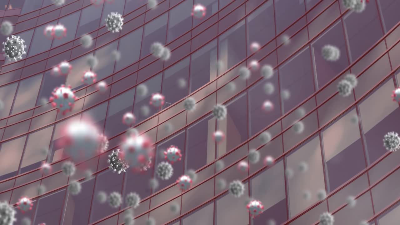 현대 사무실 건물 위에 떠다니는 코로나 19 세포의 애니메이션