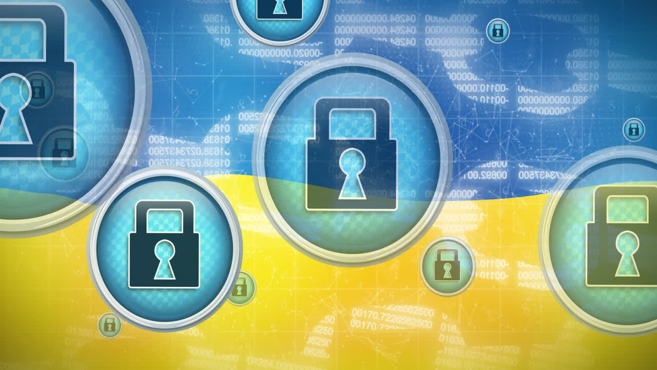 анимация блокчейна и цифровых замков в кругах, плавающих над флагом украины