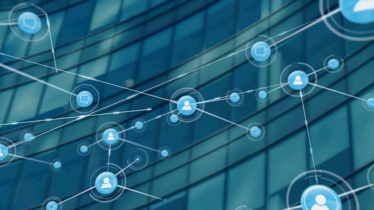 Animation of network of connections with icons over modern office building