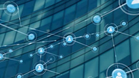 animation of network of connections with icons over modern office building