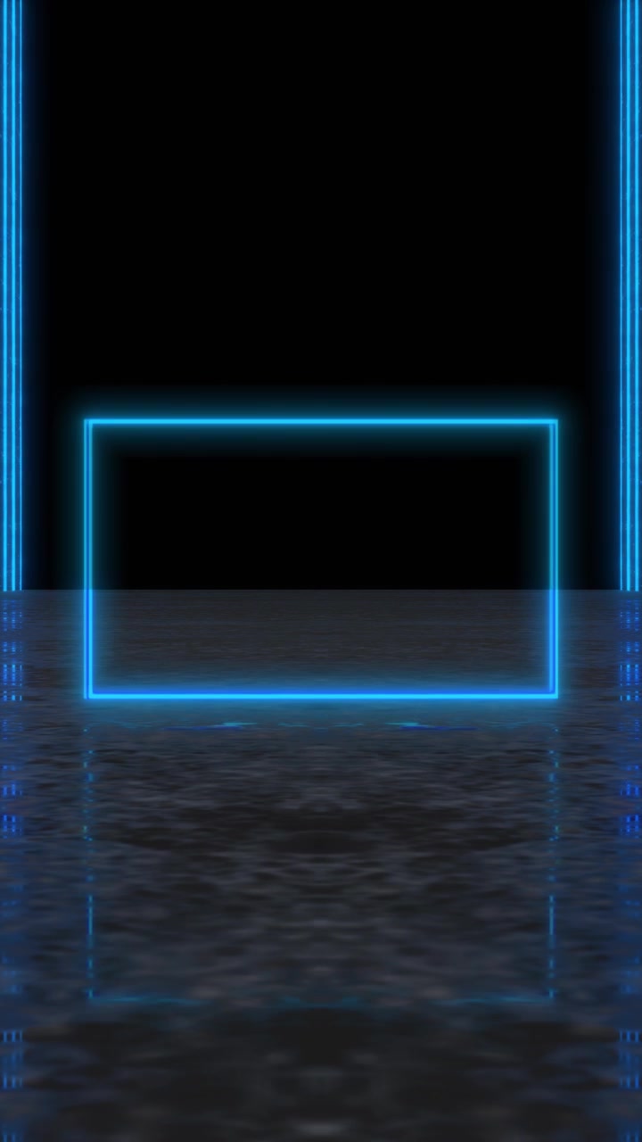 Blå neon scene rammebaggrund med glødende rektangulært centrum, lodrette lyssøjler, reflekterende