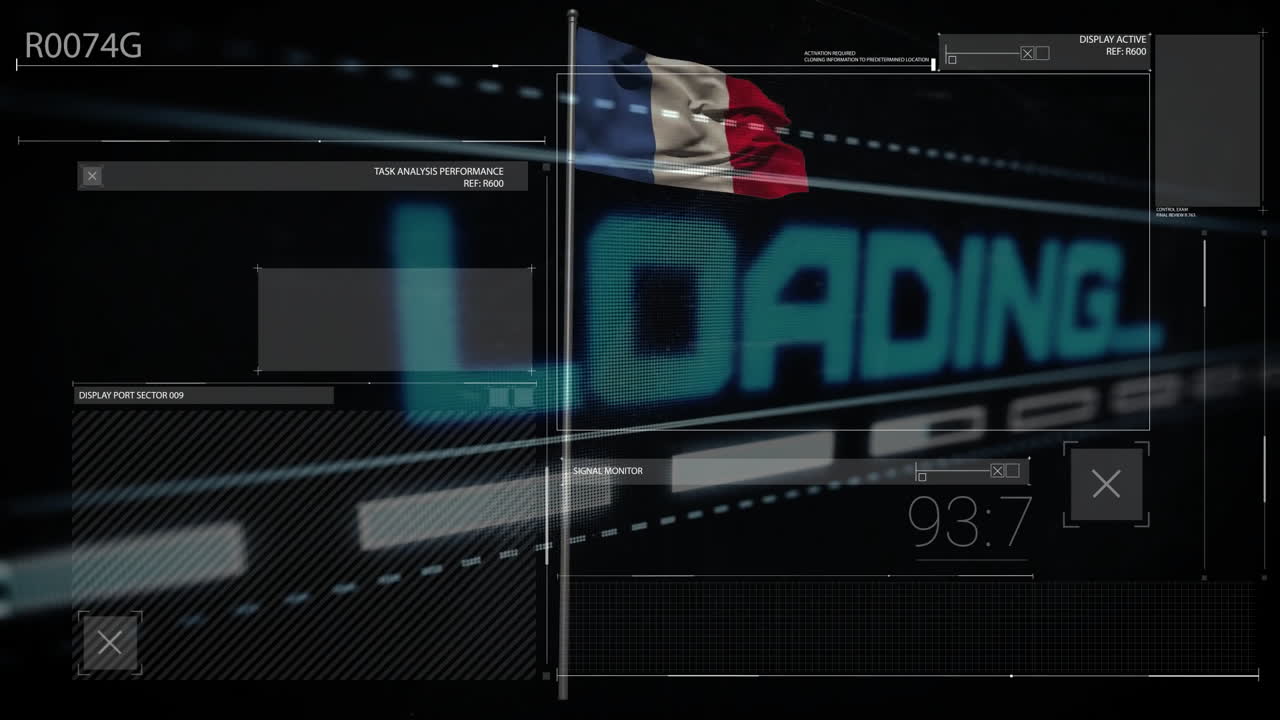Digital interface with LOADING text and French flag animation over data graphics