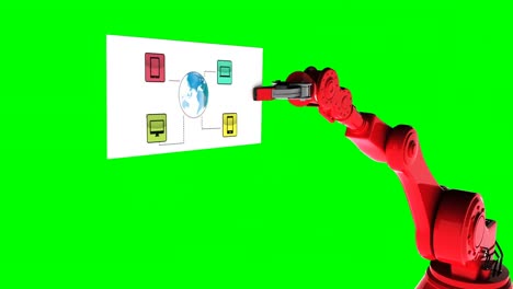 video generado digitalmente de una tarjeta de retención de brazo robótico rojo con icono de red