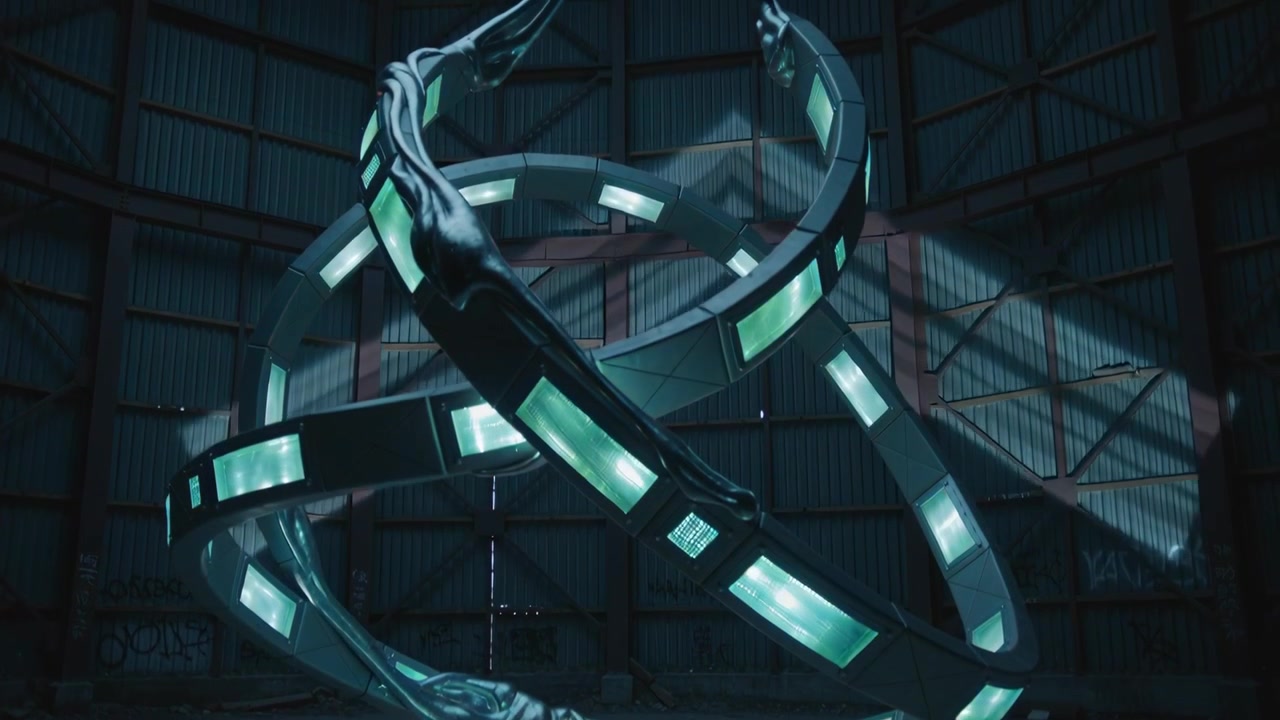 Rotating kinetic rings lighting starting at hangar, projecting LED colors and metal figure shadows