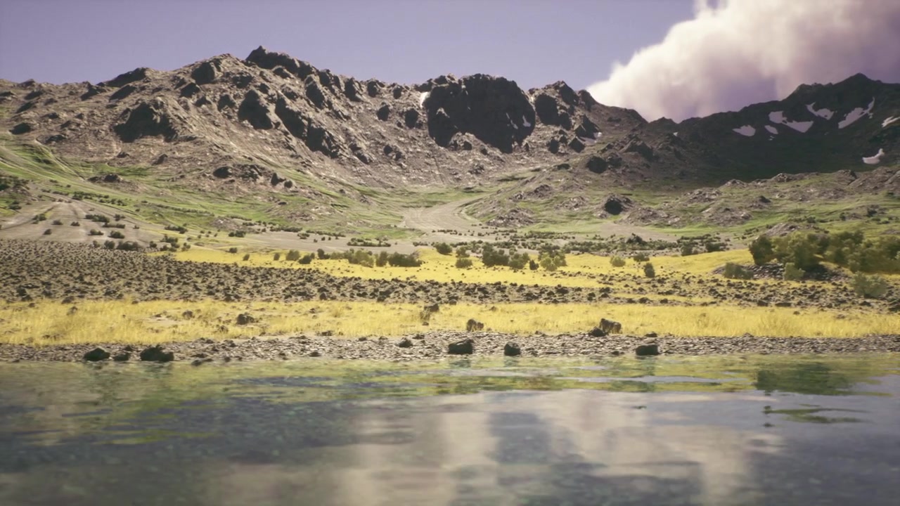 Paesaggio montano sereno con lago riflettente e riva rocciosa