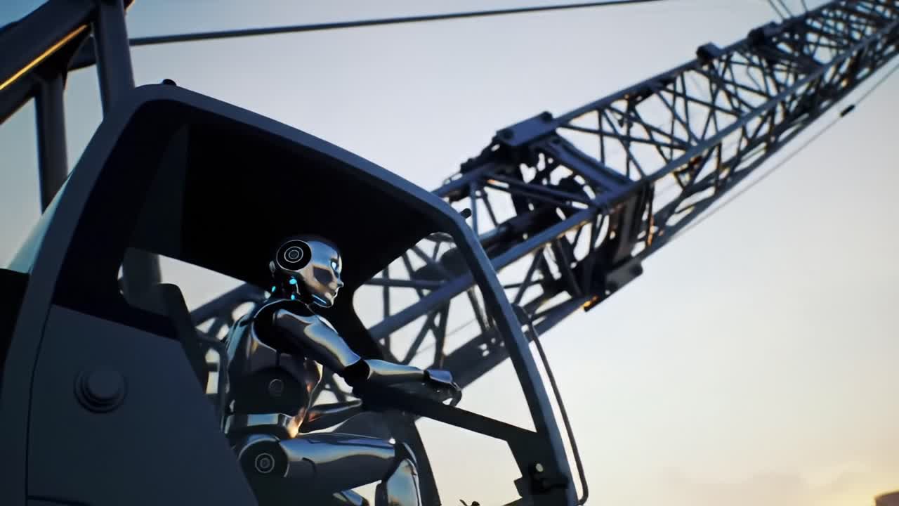 Futuristic Robotic Crane Operator at Dusk: A Seamless Integration of Technology and Machinery Showcasing Advanced Automation in Modern Construction Environments