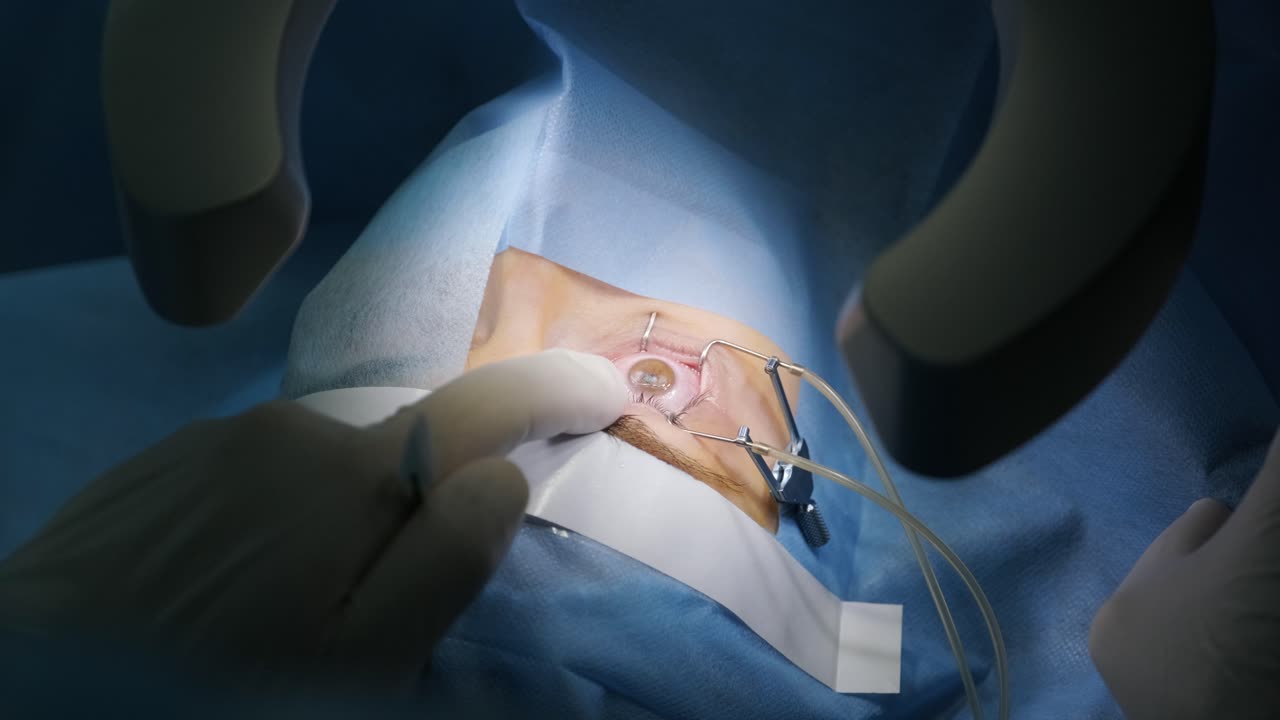 레이저 시력 교정: 안과 수술 중에 수술실에 있는 환자와 수술팀; 눈꺼풀 스럼; 라식 치료; 불임 개 아래의 환자