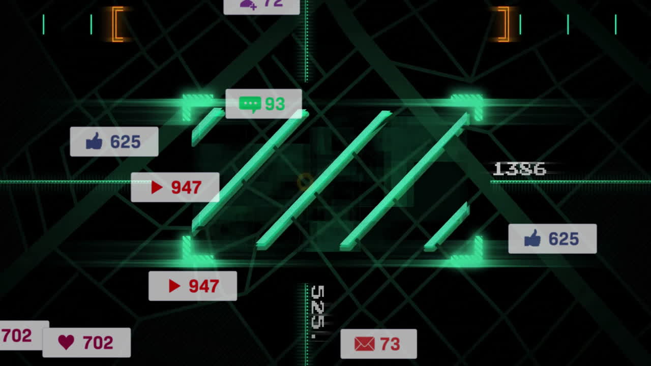 Overlaying futuristic map, digital notifications and social media icons in animation