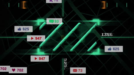 overlaying futuristic map, digital notifications and social media icons in animation