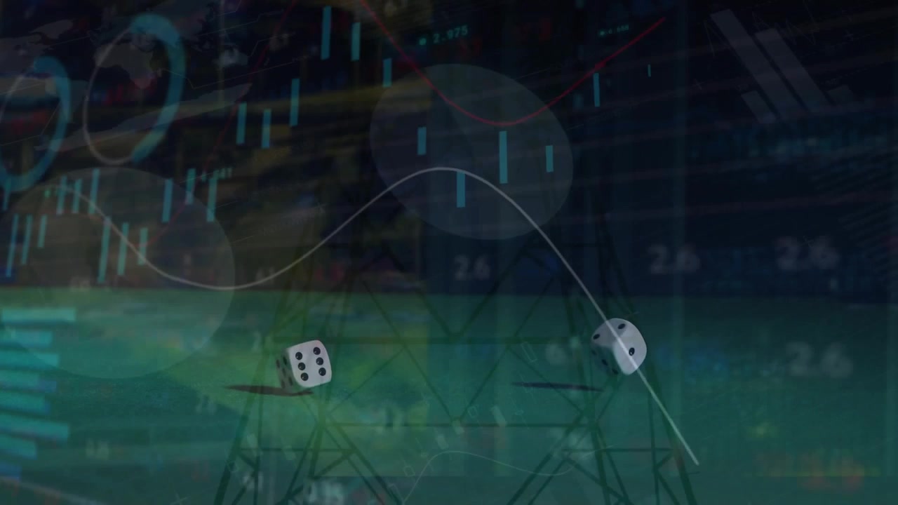 Animation of data processing and pylons over dices