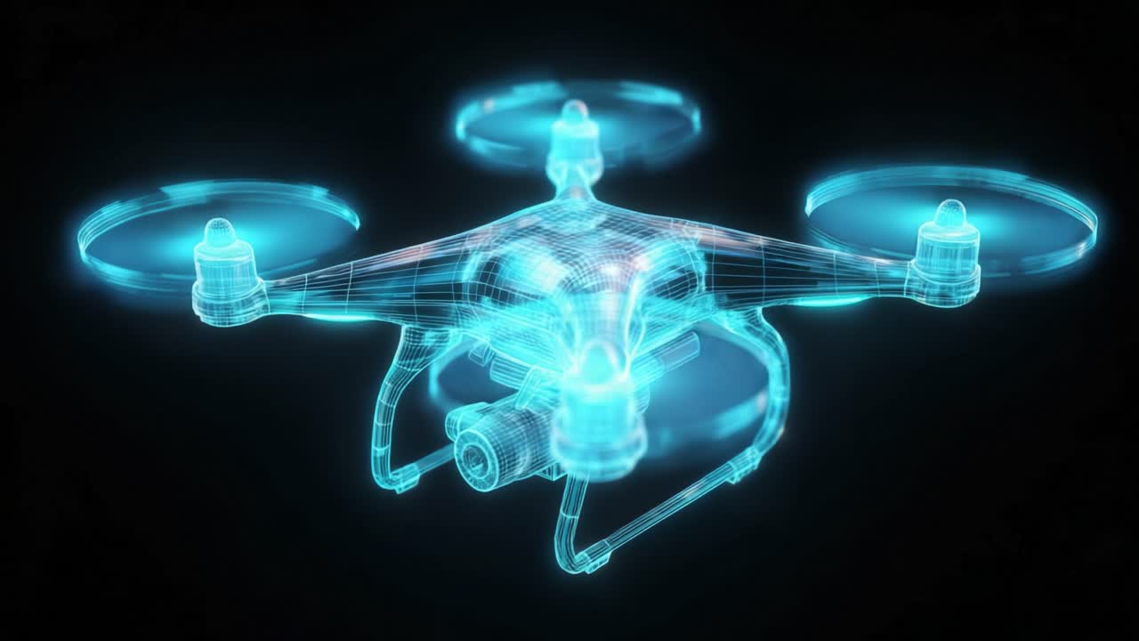 Futuristic drone flying through the air with spinning propellers and a visible camera. The glowing blue hologram presents a technical wireframe sketch of the advanced quadcopter concept
