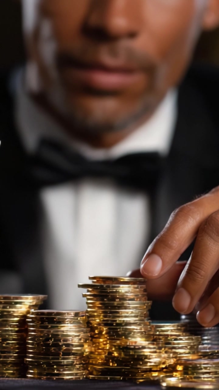 Focalizzato sulla Ricchezza: Un Primo Piano di Mani che Impilano Metodicamente Monete, Catturando l'Essenza del Successo Finanziario e dell'Ambizione in un Contesto Sofisticato