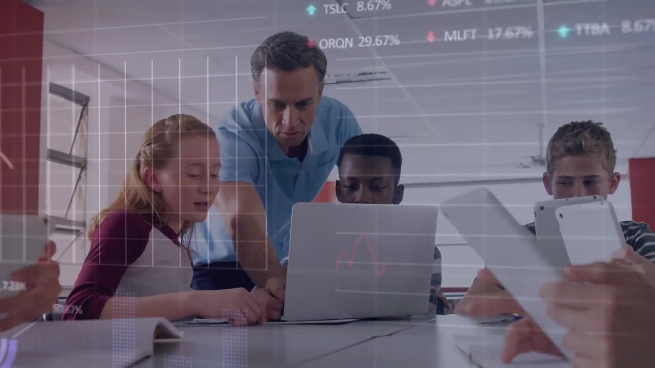 Animation of financial digital data processing over caucasian teacher and diverse group of pupil