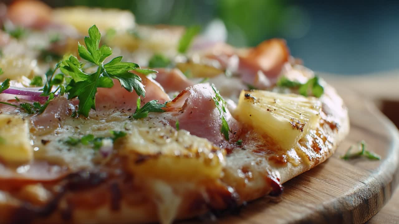 Um Close-up Delicioso de uma Pizza Gourmet Coberta com Presunto, Abacaxi e Ervas Frescas, Perfeitamente Assada para um Deleite Saboroso