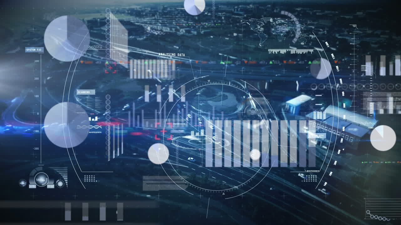 Animation of data processing with city in background