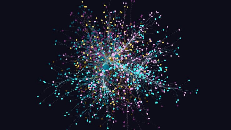 Rete complessa e rotante di nodi e linee colorati, ideale per sfondi tecnologici.