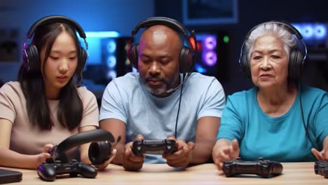 a multigenerational gaming experience: a young woman, middle-aged man, and senior woman join together for exciting gameplay in a modern gaming setup