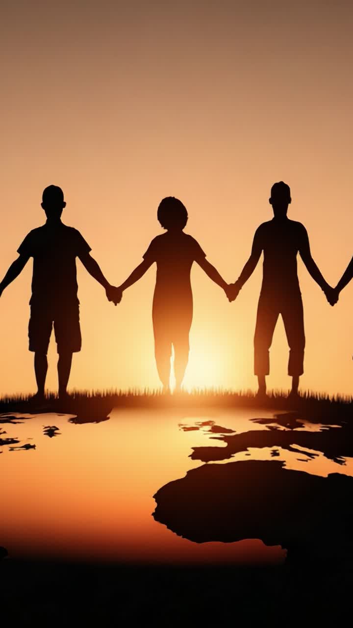 A group of individuals stand hand in hand against the backdrop of a vibrant sunset, uniting in a powerful display of connection and harmony with nature