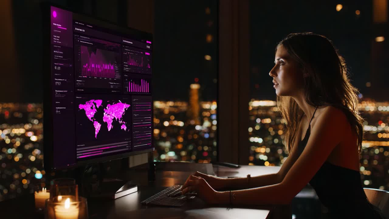 Contemplative Professional Analyzing Data on Computer Screen at Night with City Lights in Background, Illuminating Graphs and Visualizations for Informed Decision Making