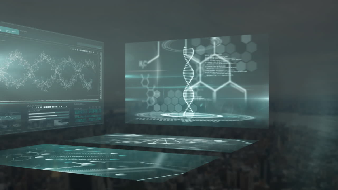 도시 풍경 위의 데이터 처리와 함께 화면의 애니메이션